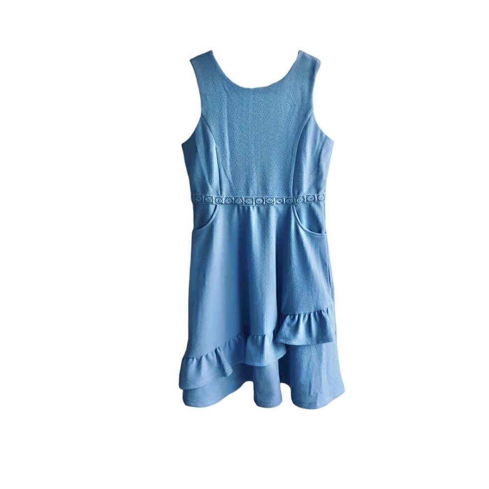 NWT GIRLS Blush Light Blue Polyester Sleeveless Front Pockets Lace Ruffle Zipper